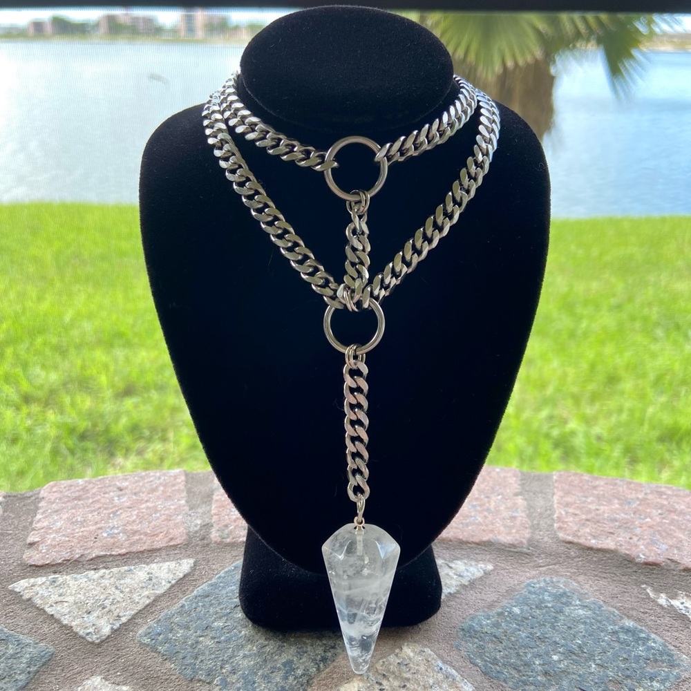 Crystal quartz necklace . Thick Stainless steel choker crystal quartz pendulum